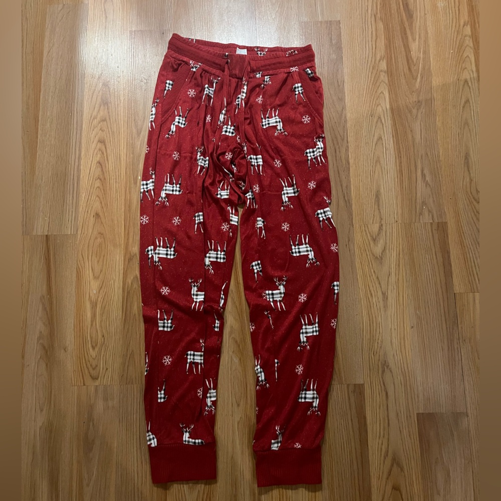 Festive Red Pajama Pants with Reindeer Print